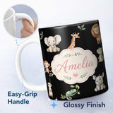 Personalized Custom Name Safari Animals with Elephant Lion and Crocodile on Light Grey Lovely 11oz Ceramic Coffee Tea Mug White Large Handle