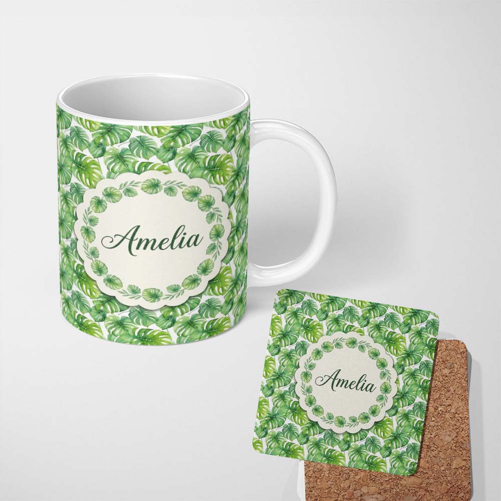 Personalized Custom Name Green Tropical Monstera Leaves on White Background Seamless Pattern 11oz Ceramic Coffee Tea Mug White Large Handle
