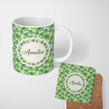 Personalized Custom Name Green Tropical Monstera Leaves on White Background Seamless Pattern 11oz Ceramic Coffee Tea Mug White Large Handle