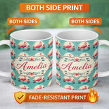 Personalized Custom Name Flamingo Island Sunset Scene Seamless Pattern Cute Unique Gift 11oz Ceramic Coffee Tea Mug White Large Handle