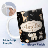 Personalized Custom Name Safari Animals with Elephant Lion Cub and Elephant on Black Lovely 11oz Ceramic Coffee Tea Mug White Large Handle