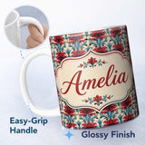 Personalized Custom Name Rich Red Lily Floral Garden Seamless Pattern Cute Unique Gift Lovely 11oz Ceramic Coffee Tea Mug White Large Handle
