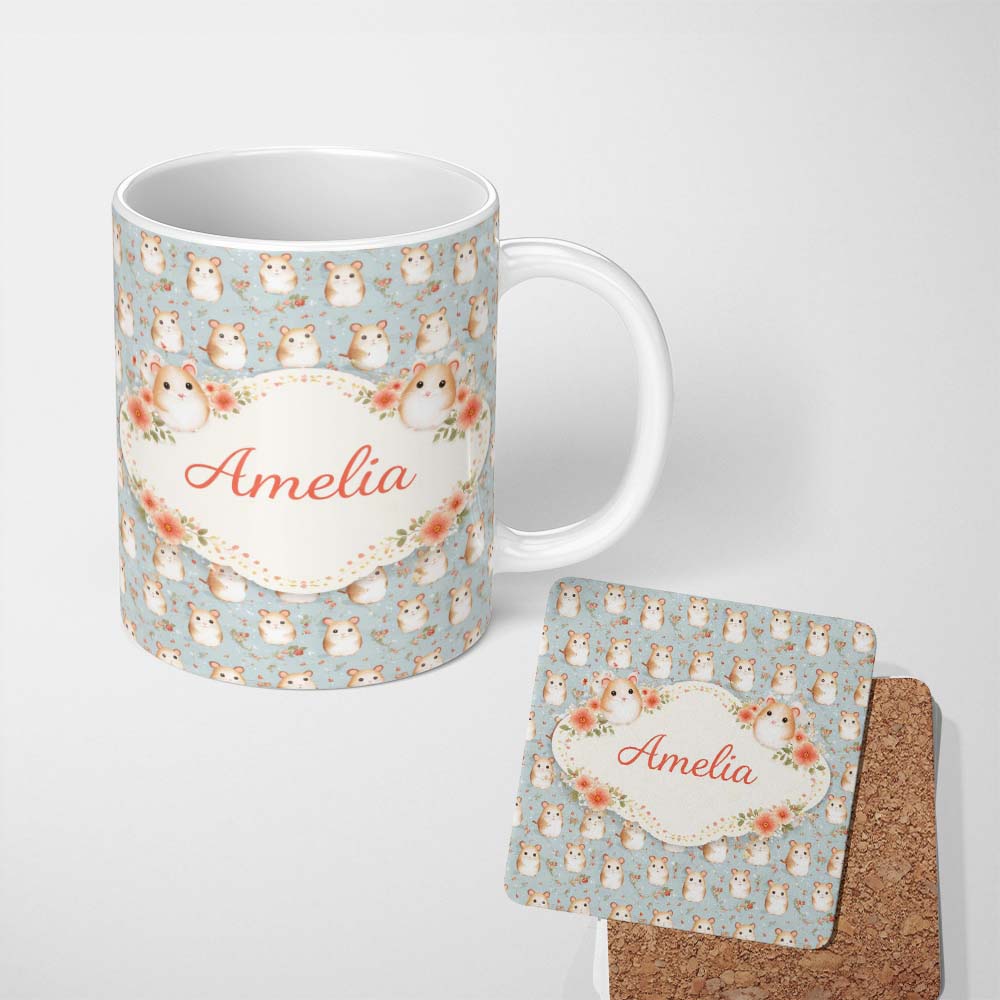 Personalized Custom Name Hamster Floral Branch Cute Animal Seamless Pattern Cute Unique Gift 11oz Ceramic Coffee Tea Mug White Large Handle