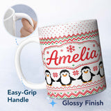 Personalized Custom Name White Red Green Nordic Penguin Snowflake Knit Seamless Pattern 11oz Ceramic Coffee Tea Mug White Large Handle