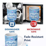 Personalized Custom Name Cute Dolphin Shark and Jellyfish Ocean Animals Blue Background 11oz Ceramic Coffee Tea Mug White Large Handle