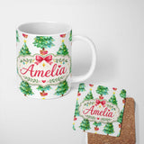 Personalized Custom Name Watercolor Christmas Trees with Lights and Stars Cute Seamless 11oz Ceramic Coffee Tea Mug White Large Handle
