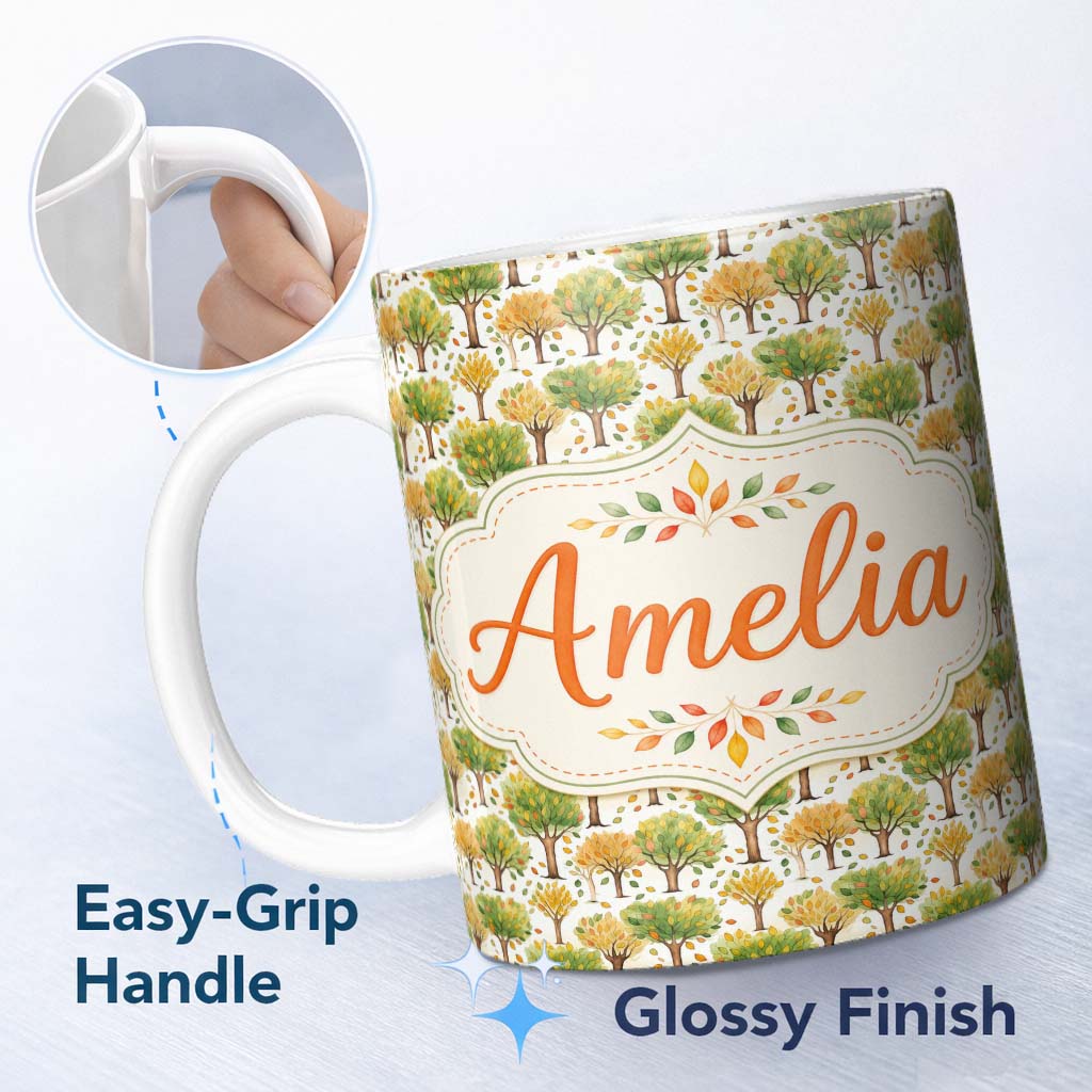 Personalized Custom Name Watercolour Autumn Trees with Falling Leaves Seamless Pattern Lovely 11oz Ceramic Coffee Tea Mug White Large Handle
