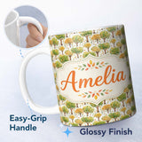 Personalized Custom Name Watercolour Autumn Trees with Falling Leaves Seamless Pattern Lovely 11oz Ceramic Coffee Tea Mug White Large Handle