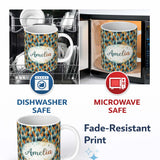 Personalized Custom Name Abstract Diamond Mosaic Seamless Pattern in Teal Orange Blue Lovely 11oz Ceramic Coffee Tea Mug White Large Handle
