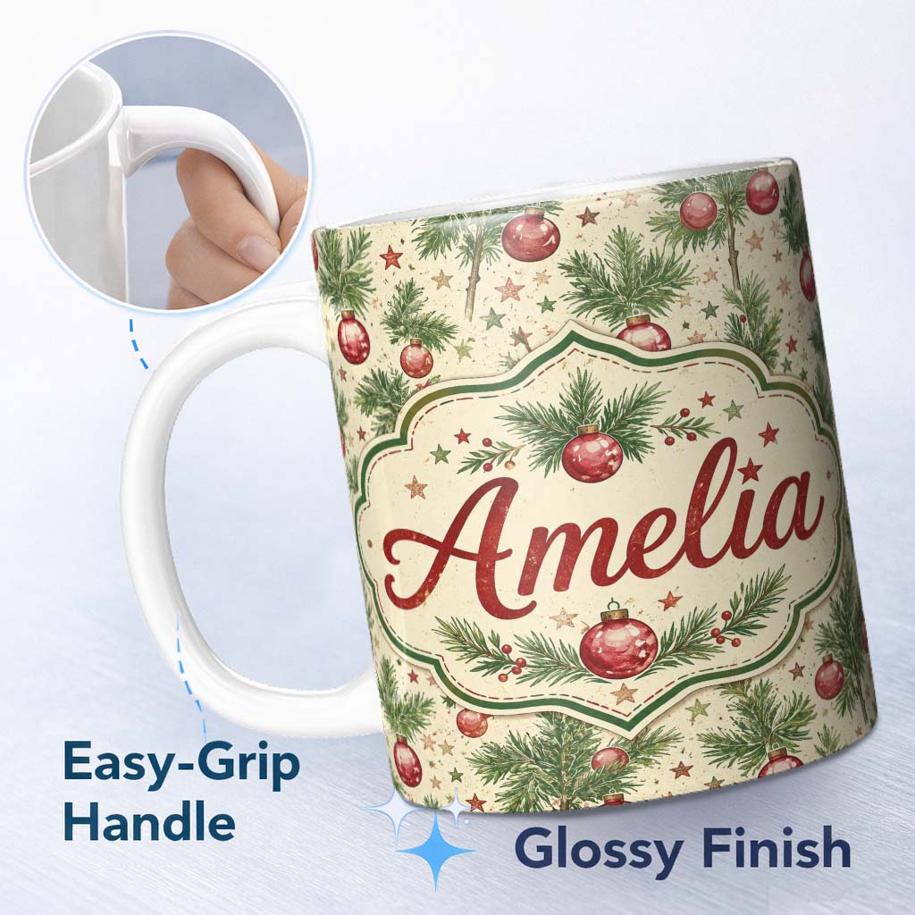 Personalized Custom Name Christmas Pine Branches Red Baubles and Stars Seamless Pattern 11oz Ceramic Coffee Tea Mug White Large Handle