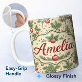 Personalized Custom Name Christmas Pine Branches Red Baubles and Stars Seamless Pattern 11oz Ceramic Coffee Tea Mug White Large Handle