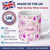 Personalized Custom Name Pink Snowflake Candle Winter Holiday Seamless Pattern Lovely 11oz Ceramic Coffee Tea Mug White Large Handle