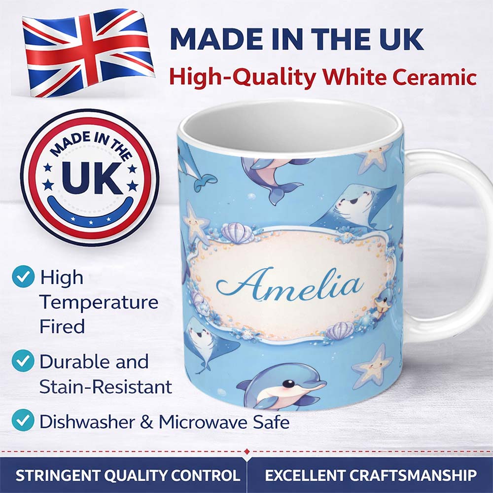 Personalized Custom Name Cute Dolphin Stingray Starfish Cartoon Sea Life Pattern Blue Lovely 11oz Ceramic Coffee Tea Mug White Large Handle