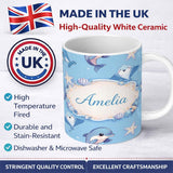 Personalized Custom Name Cute Dolphin Stingray Starfish Cartoon Sea Life Pattern Blue Lovely 11oz Ceramic Coffee Tea Mug White Large Handle