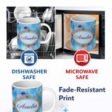 Personalized Custom Name Peacock Feather Iridescent Blue Watercolor Seamless Pattern Lovely 11oz Ceramic Coffee Tea Mug White Large Handle