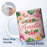Personalized Custom Name Tropical Flamingo with Hibiscus Flowers and Leaves Soft Pink Lovely 11oz Ceramic Coffee Tea Mug White Large Handle