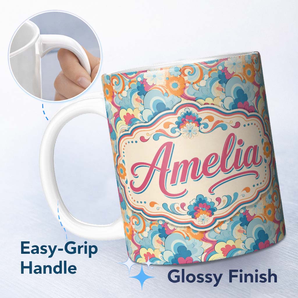 Personalized Custom Name Floral Swirl Pattern Vintage 70s Style Seamless Botanical Design 11oz Ceramic Coffee Tea Mug White Large Handle
