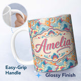 Personalized Custom Name Floral Swirl Pattern Vintage 70s Style Seamless Botanical Design 11oz Ceramic Coffee Tea Mug White Large Handle