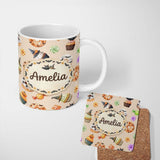 Personalized Custom Name Cute Halloween Donuts Cupcakes Bats Candy and Pumpkins Beige Lovely 11oz Ceramic Coffee Tea Mug White Large Handle