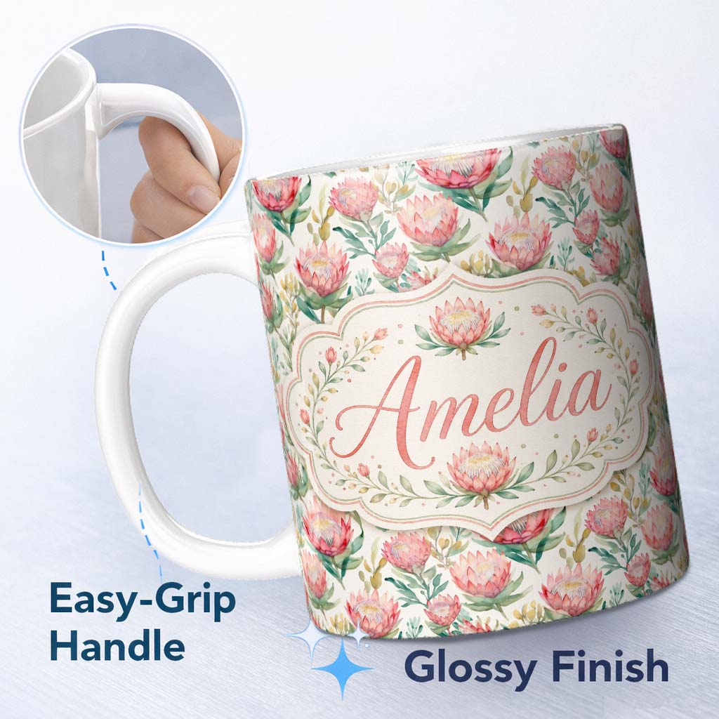 Personalized Custom Name Delicate Protea Floral Bouquet Watercolor Seamless Pattern Lovely 11oz Ceramic Coffee Tea Mug White Large Handle