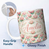 Personalized Custom Name Delicate Protea Floral Bouquet Watercolor Seamless Pattern Lovely 11oz Ceramic Coffee Tea Mug White Large Handle