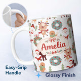 Personalized Custom Name Cute Santa Reindeer Gingerbread Wreath Seamless Pattern Lovely 11oz Ceramic Coffee Tea Mug White Large Handle