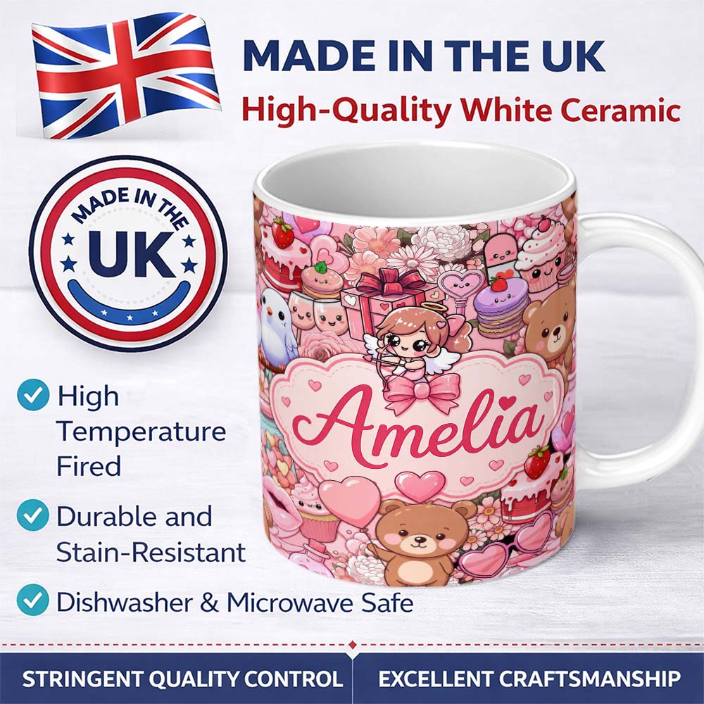 Personalized Custom Name Cute Teddy Bear Cupid Cakes Hearts Flowers Valentine Kawaii Pink 11oz Ceramic Coffee Tea Mug White Large Handle