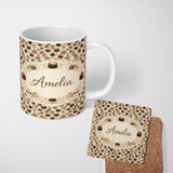 Personalized Custom Name Green Floral Cake Seamless Pattern Botanical Dessert Food Design 11oz Ceramic Coffee Tea Mug White Large Handle