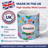Personalized Custom Name Tropical Flamingo Bird with Exotic Flowers Leaves Pattern Blue 11oz Ceramic Coffee Tea Mug White Large Handle