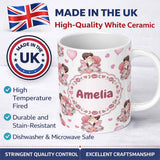 Personalized Custom Name Romantic Couple Kissing Floral Bouquet Hearts Pattern Light Grey 11oz Ceramic Coffee Tea Mug White Large Handle