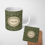 Personalized Custom Name Dark Green Minimal Leafy Branch Seamless Pattern Cute Unique Gift 11oz Ceramic Coffee Tea Mug White Large Handle