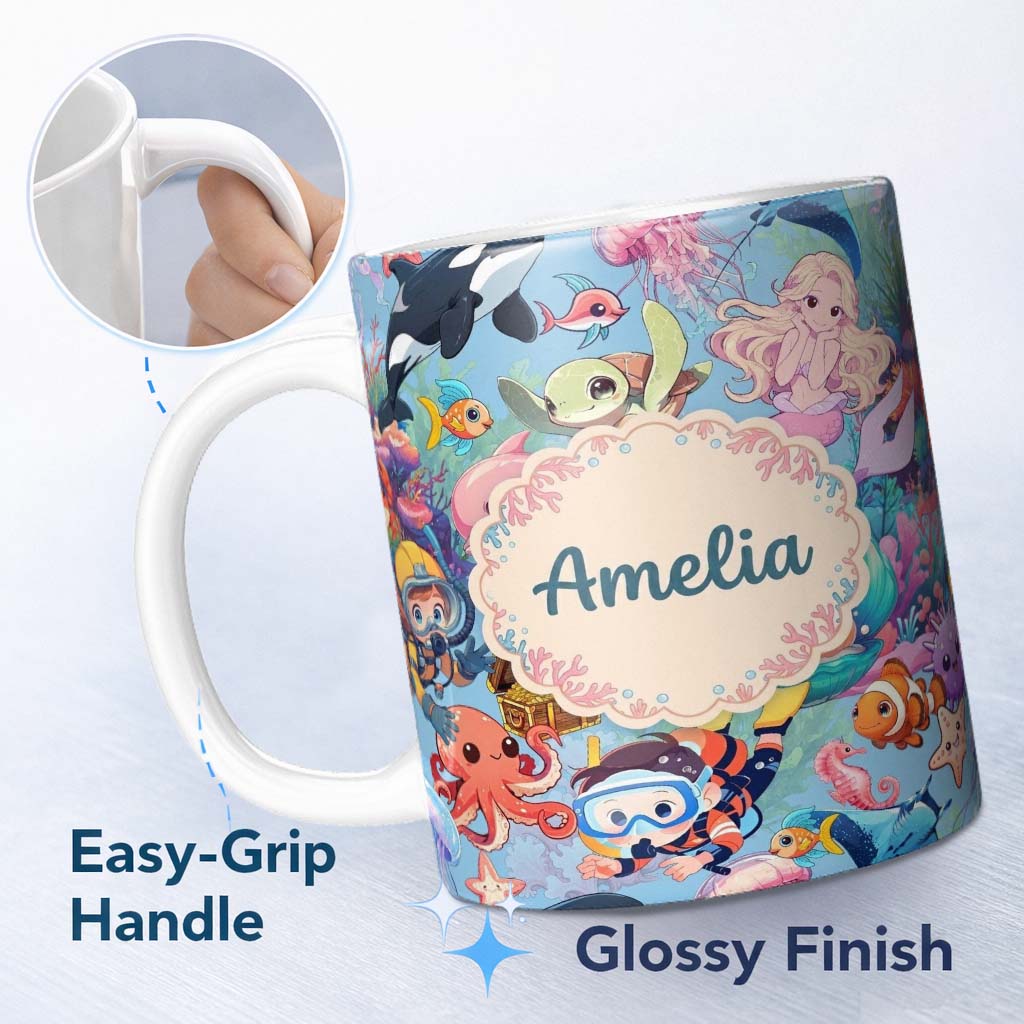Personalized Custom Name Cute Underwater Ocean Scene Mermaid Dolphin Turtle Treasure Blue 11oz Ceramic Coffee Tea Mug White Large Handle
