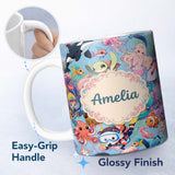 Personalized Custom Name Cute Underwater Ocean Scene Mermaid Dolphin Turtle Treasure Blue 11oz Ceramic Coffee Tea Mug White Large Handle