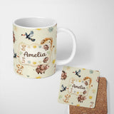 Personalized Custom Name Jungle Animals Lion Meerkat Toucan Boar on Cream Seamless Pattern 11oz Ceramic Coffee Tea Mug White Large Handle