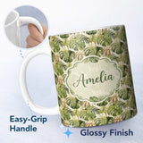 Personalized Custom Name Earthy Botanical Monstera Leaves with Branch Details Seamless Lovely 11oz Ceramic Coffee Tea Mug White Large Handle