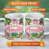 Personalized Custom Name Cute Kawaii Smiling Plant Pots Succulents Leaves Pattern Blush 11oz Ceramic Coffee Tea Mug White Large Handle