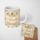 Personalized Custom Name Neutral Beige Tropical Palm Leaves Seamless Pattern Cute Unique Gift 11oz Ceramic Coffee Tea Mug White Large Handle