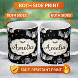 Personalized Custom Name Cute Halloween Bats Flying Yellow Stars Night Sky Seamless Pattern 11oz Ceramic Coffee Tea Mug White Large Handle