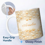 Personalized Custom Name Cute Cupcake and Clouds Sweet Dessert Seamless Pattern Soft Neutral 11oz Ceramic Coffee Tea Mug White Large Handle