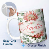 Personalized Custom Name Coral Protea Flowers on Light Grey Background Seamless Botanical 11oz Ceramic Coffee Tea Mug White Large Handle