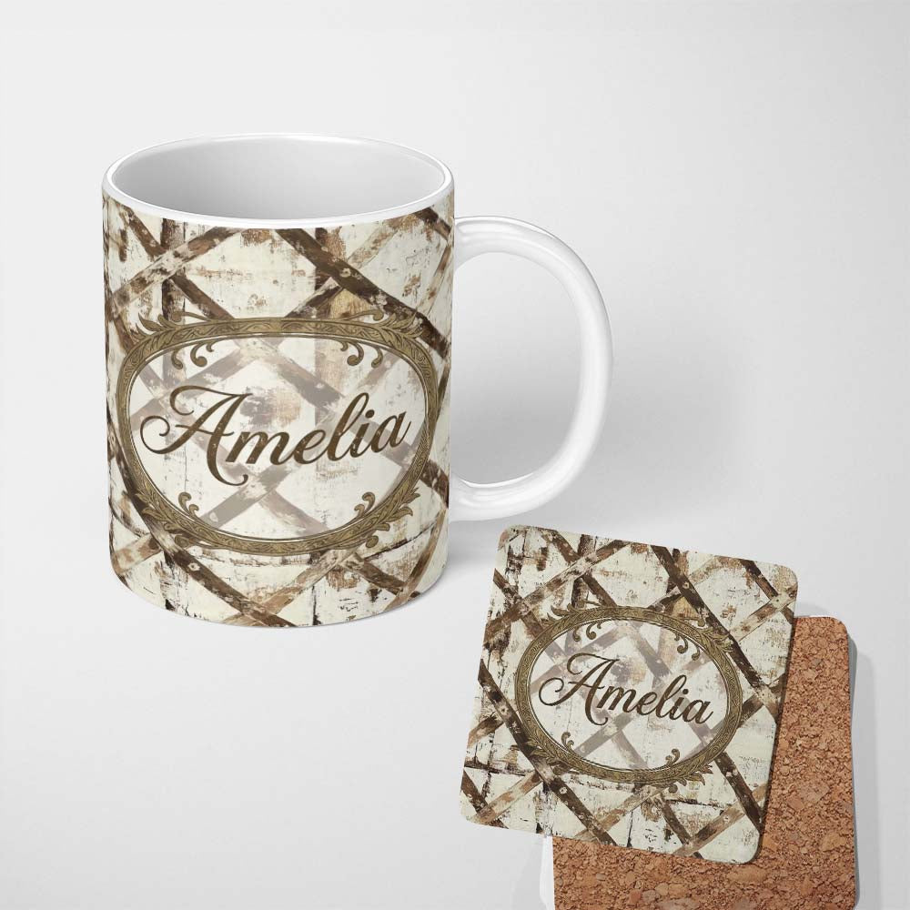 Personalized Custom Name Rustic Distressed Wooden Cross Pattern on Whitewashed Texture Lovely 11oz Ceramic Coffee Tea Mug White Large Handle