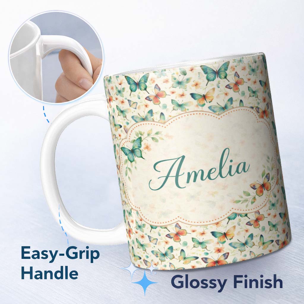 Personalized Custom Name Delicate Vintage Butterflies with Soft Floral Touch Seamless Pattern 11oz Ceramic Coffee Tea Mug White Large Handle