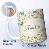 Personalized Custom Name Delicate Vintage Butterflies with Soft Floral Touch Seamless Pattern 11oz Ceramic Coffee Tea Mug White Large Handle
