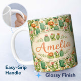 Personalized Custom Name Elegant Blooming Cactus Floral Botanical Seamless Pattern Design 11oz Ceramic Coffee Tea Mug White Large Handle