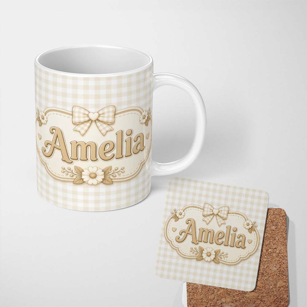 Personalized Custom Name Beige Gingham Check Seamless Pattern on White Background Lovely 11oz Ceramic Coffee Tea Mug White Large Handle