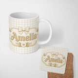 Personalized Custom Name Beige Gingham Check Seamless Pattern on White Background Lovely 11oz Ceramic Coffee Tea Mug White Large Handle