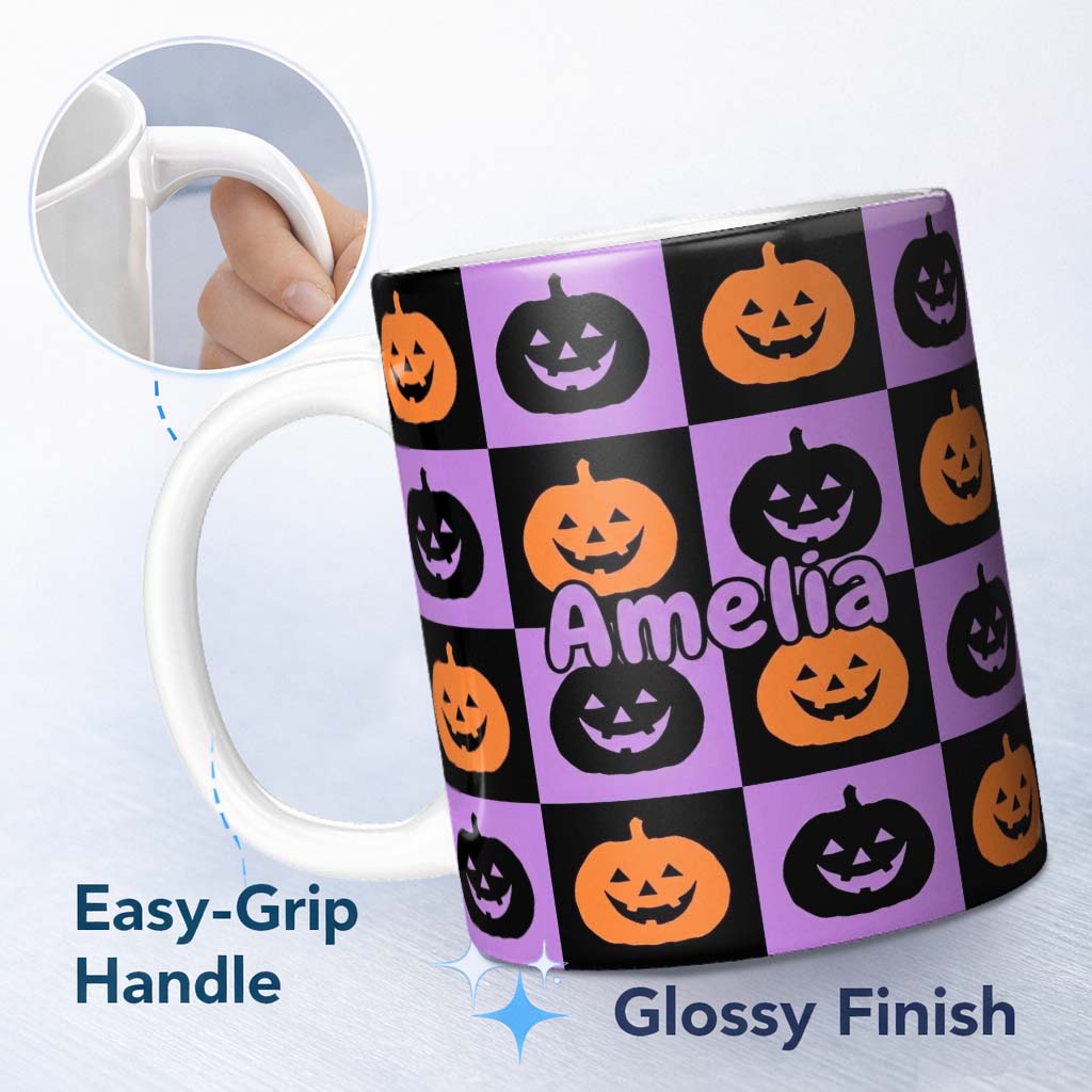 Personalized Custom Name Halloween Pumpkin Faces on Purple and Black Checkerboard Seamless 11oz Ceramic Coffee Tea Mug White Large Handle