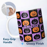 Personalized Custom Name Halloween Pumpkin Faces on Purple and Black Checkerboard Seamless 11oz Ceramic Coffee Tea Mug White Large Handle