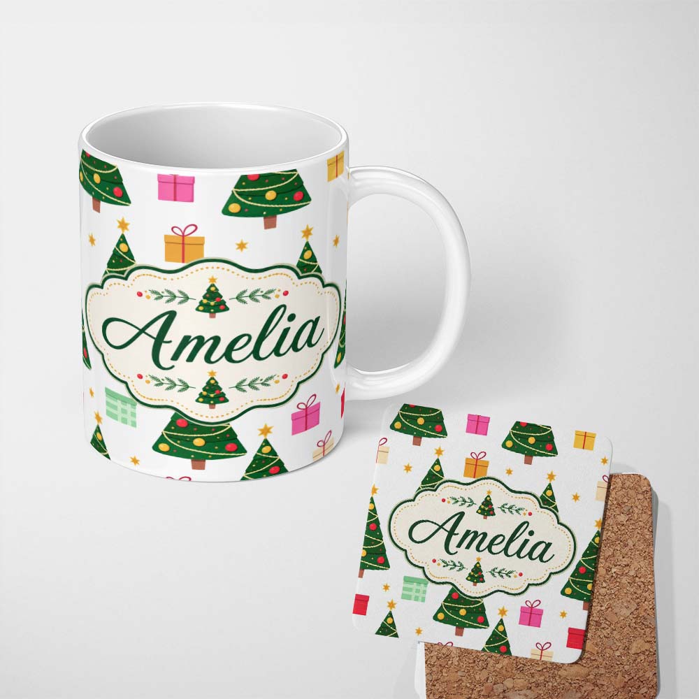 Personalized Custom Name Festive Christmas Trees Gifts Holiday Seamless Pattern Lovely 11oz Ceramic Coffee Tea Mug White Large Handle