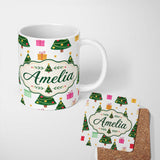 Personalized Custom Name Festive Christmas Trees Gifts Holiday Seamless Pattern Lovely 11oz Ceramic Coffee Tea Mug White Large Handle